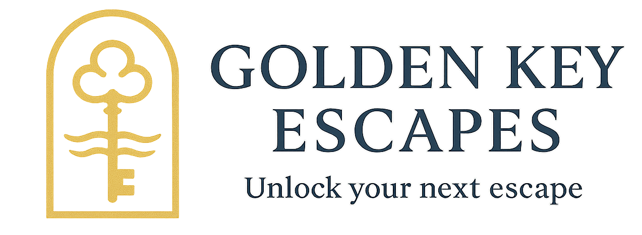 Logo for Golden Key Escapes: gold key within a gold arched frame, with navy text "Golden Key Escapes".