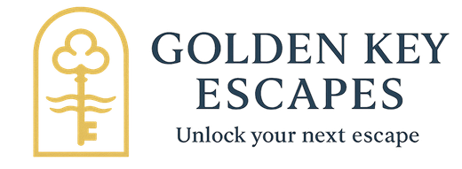 Logo for Golden Key Escapes: gold key within a gold arched frame, with navy text "Golden Key Escapes".
