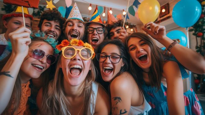 Smiling friends wearing party hats and glasses, cheering with drinks and balloons at a festive celebration