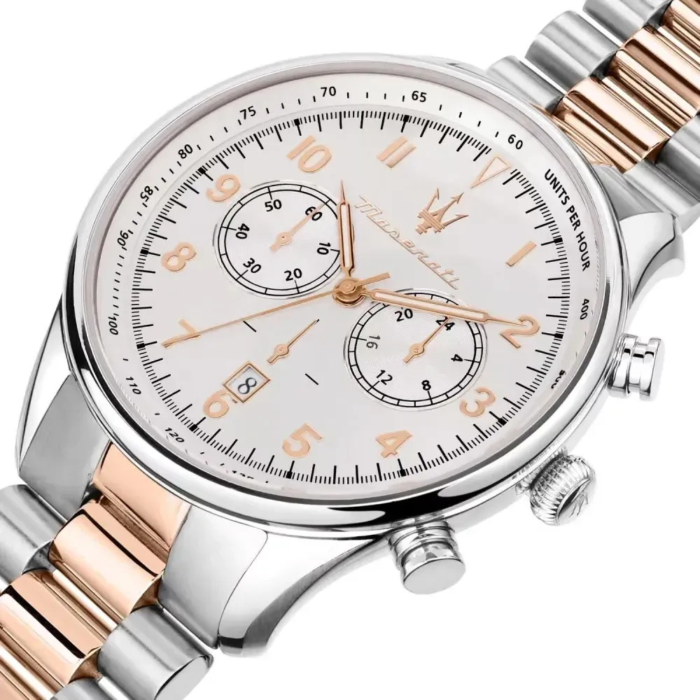 【MASERATI 瑪莎拉蒂】經典玫瑰金銀面計時腕錶 45mm (R8873646002)-funtastic方采