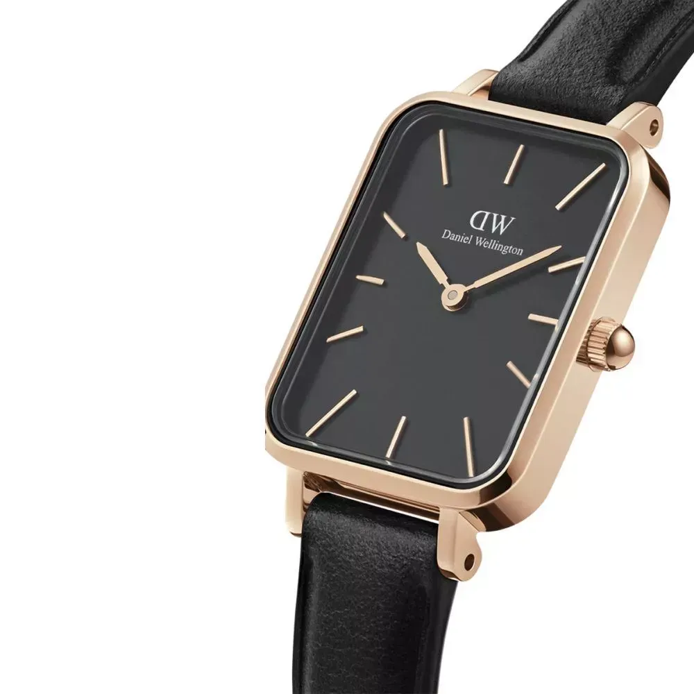 【DW】 Daniel Wellington 經典黑真皮皮革小方錶 玫瑰金 (DW00100435)-funtastic方采