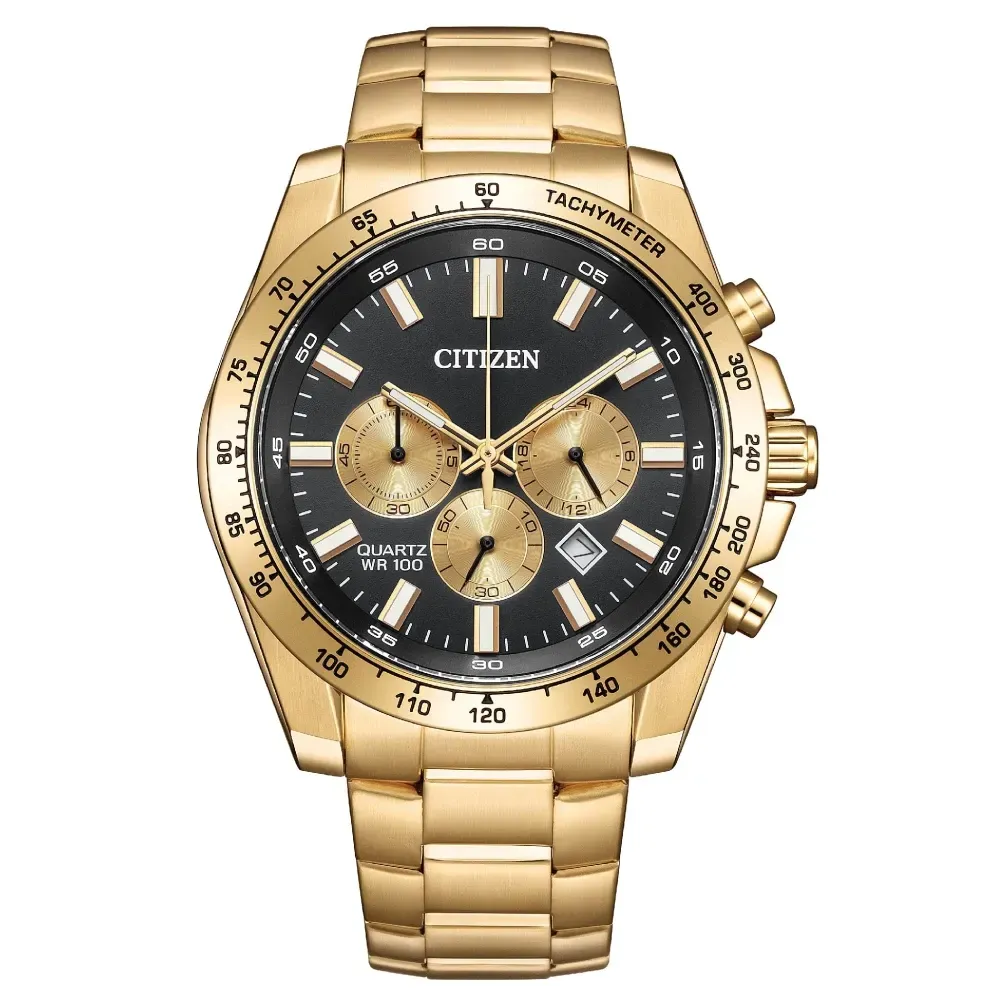 【CITIZEN 星辰】Chronograph 金色三眼計時石英手錶 44mm (AN8233-51E) 附提袋-funtastic方采