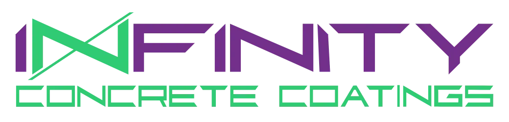 The logo for infinity concrete coatings is purple and green.