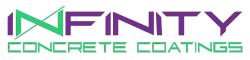 The logo for infinity concrete coatings is purple and green.