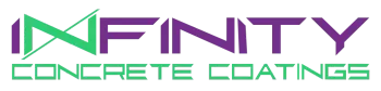 The logo for infinity concrete coatings is purple and green.