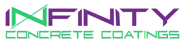 The logo for infinity concrete coatings is purple and green.