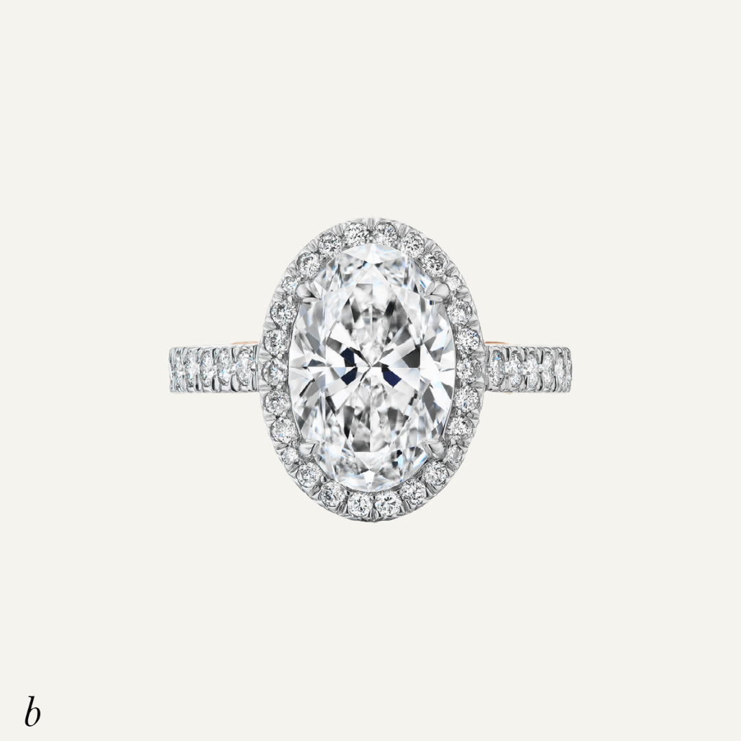 3.21ct Oval diamond with pave shank and bezel, 20k rose gold inserts