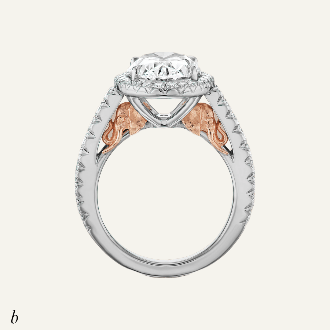 3.21ct Oval diamond with pave shank and bezel, 20k rose gold inserts