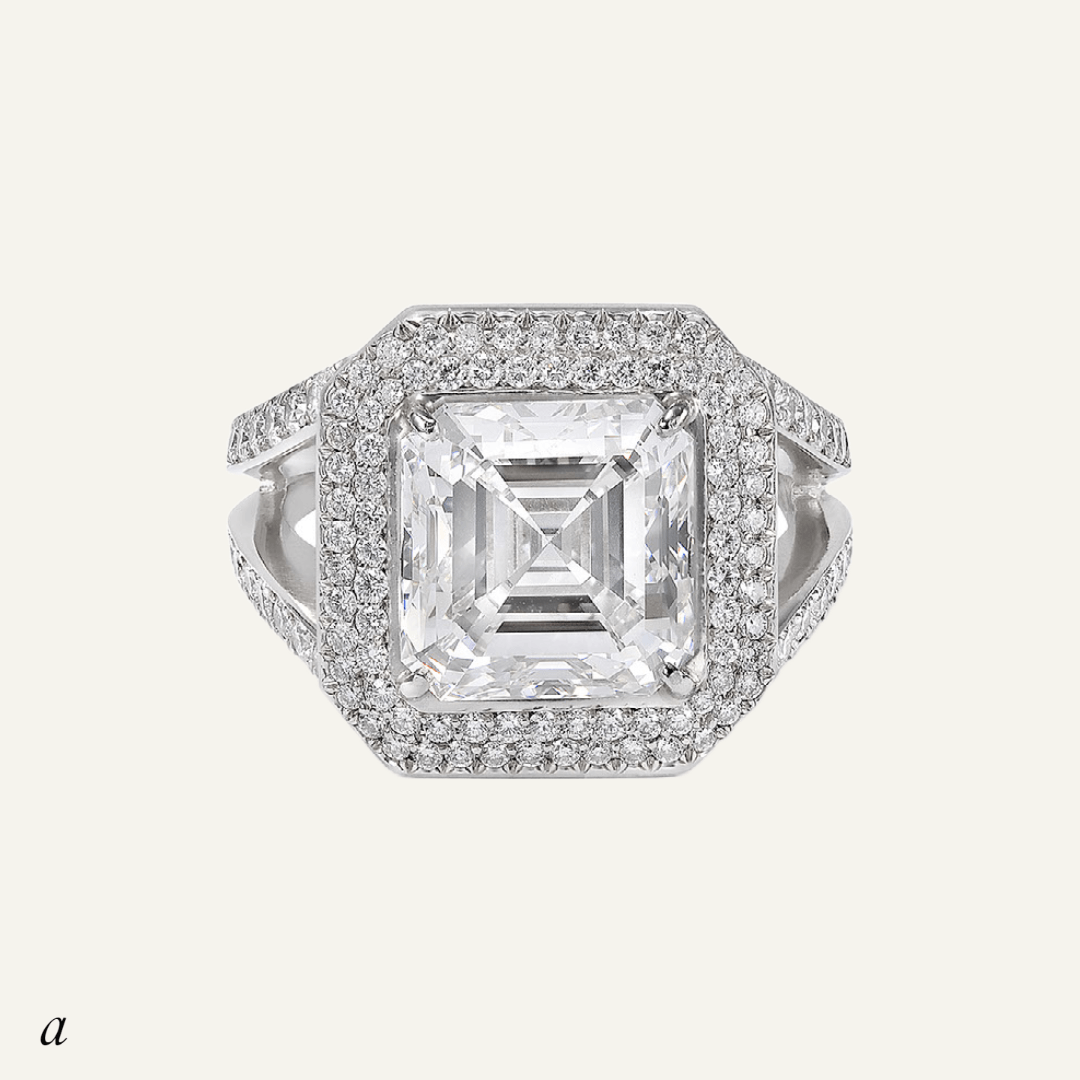 4.81ct Asscher cut diamond, bifurcated pave' set shank