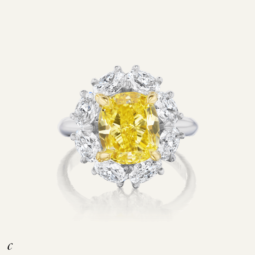 3.02ct Natural Fancy Intense Yellow cushion cut diamond with oval diamond sides