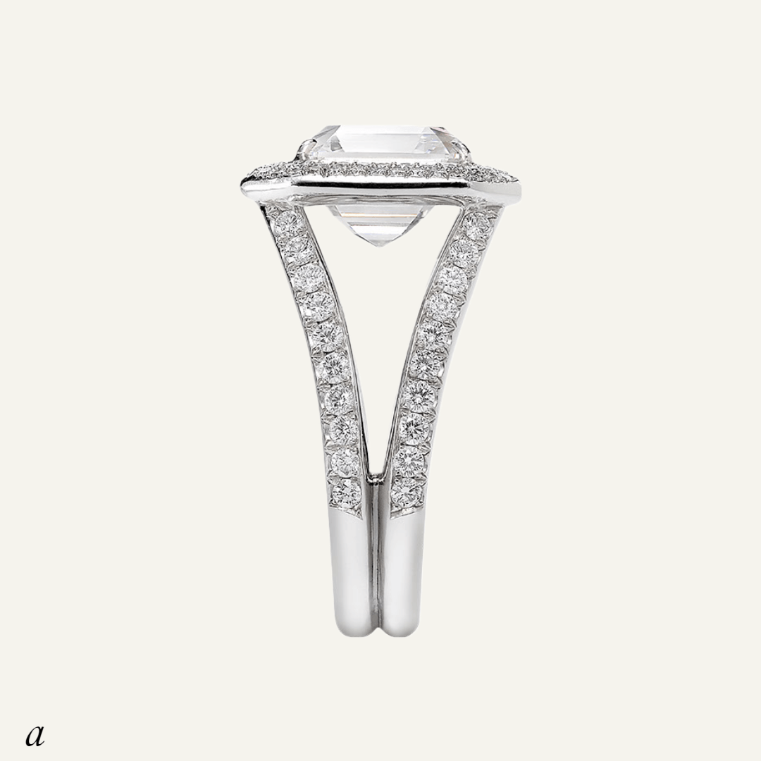 4.81ct Asscher cut diamond, bifurcated pave' set shank