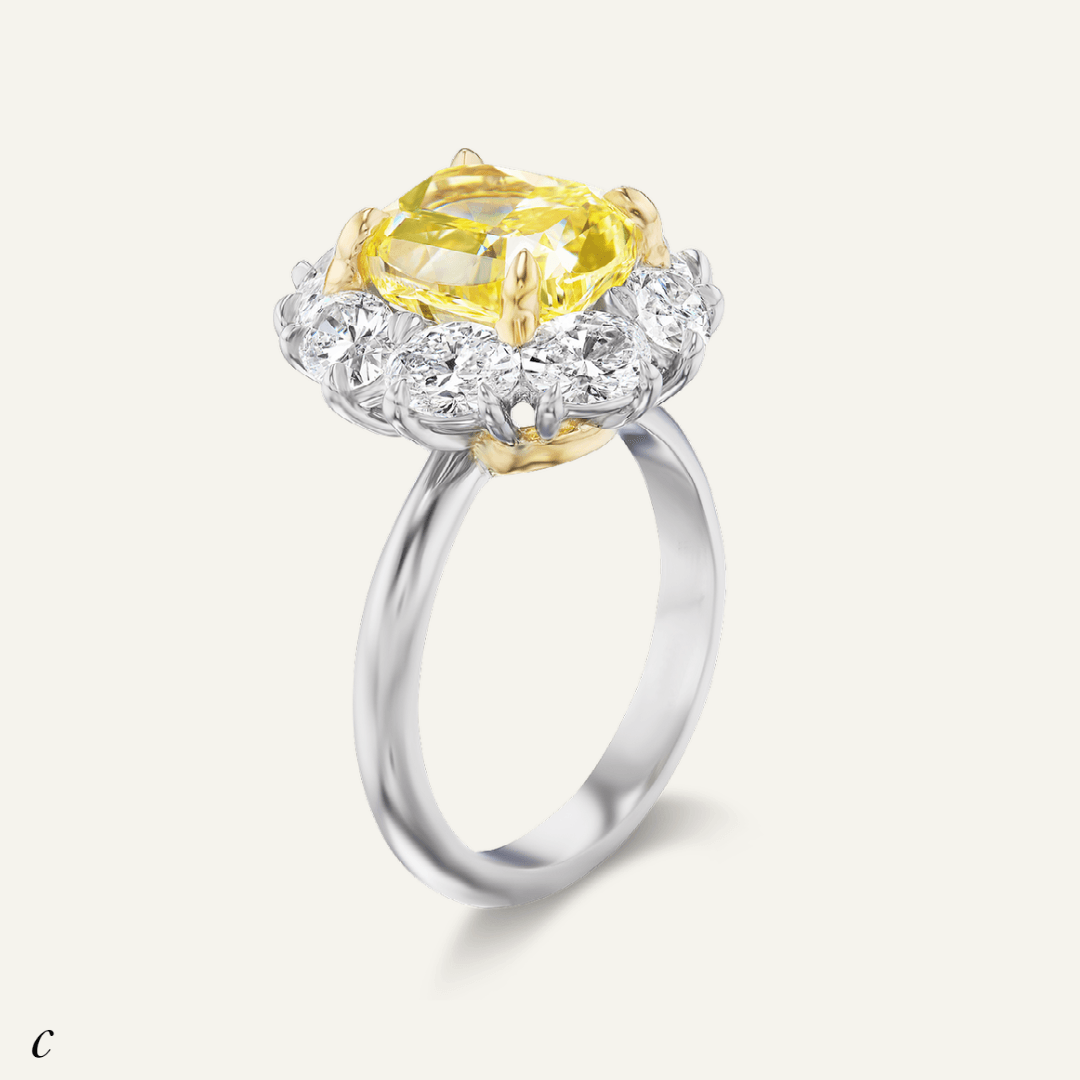 3.02ct Natural Fancy Intense Yellow cushion cut diamond with oval diamond sides