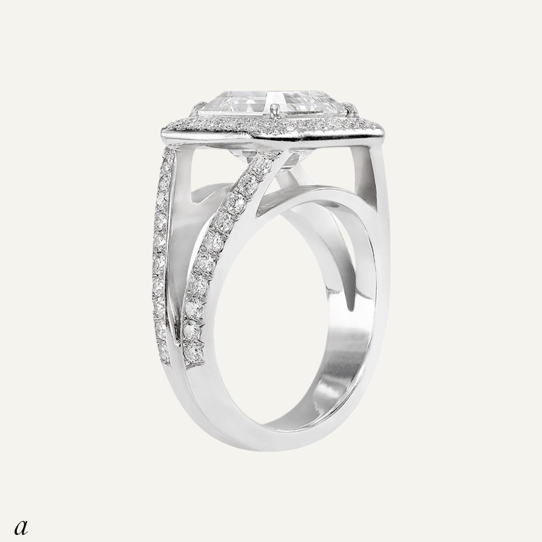 4.81ct Asscher cut diamond, bifurcated pave' set shank