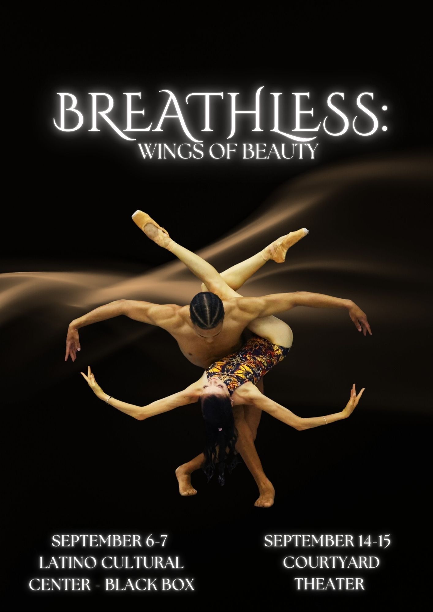 A poster for breathless : wings of beauty shows a man and a woman dancing together.