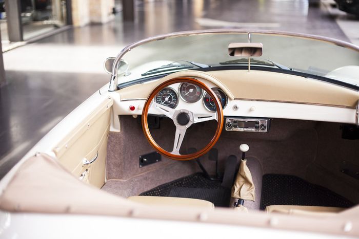 a steering wheel of a vintage car