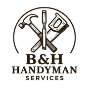 Logo for B&H Handyman Services: hammer, chisel, and saw crossed inside a circle with text.