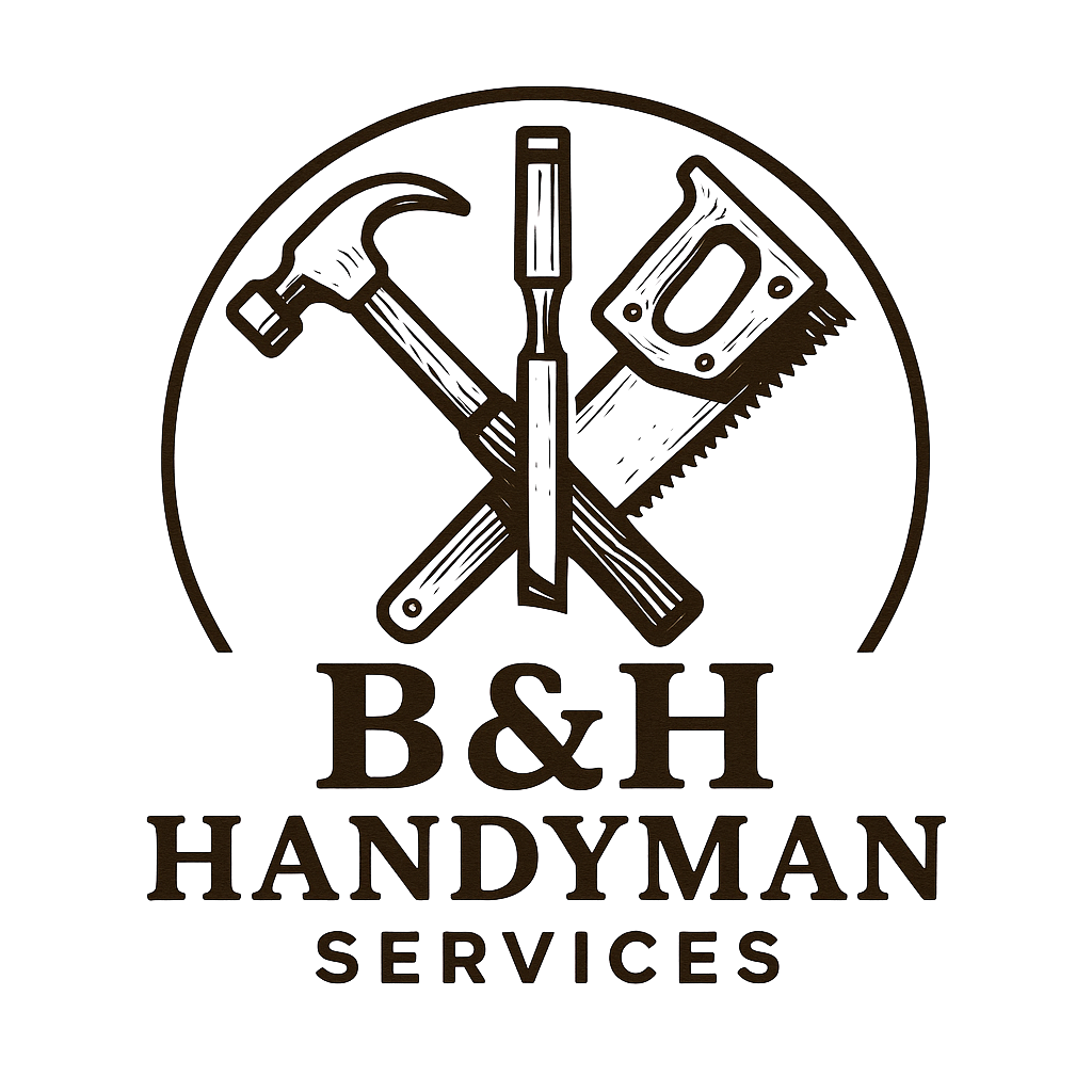 Logo for B&H Handyman Services: hammer, chisel, and saw crossed inside a circle with text.