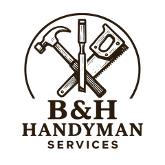 Logo for B&H Handyman Services: hammer, chisel, and saw crossed inside a circle with text.