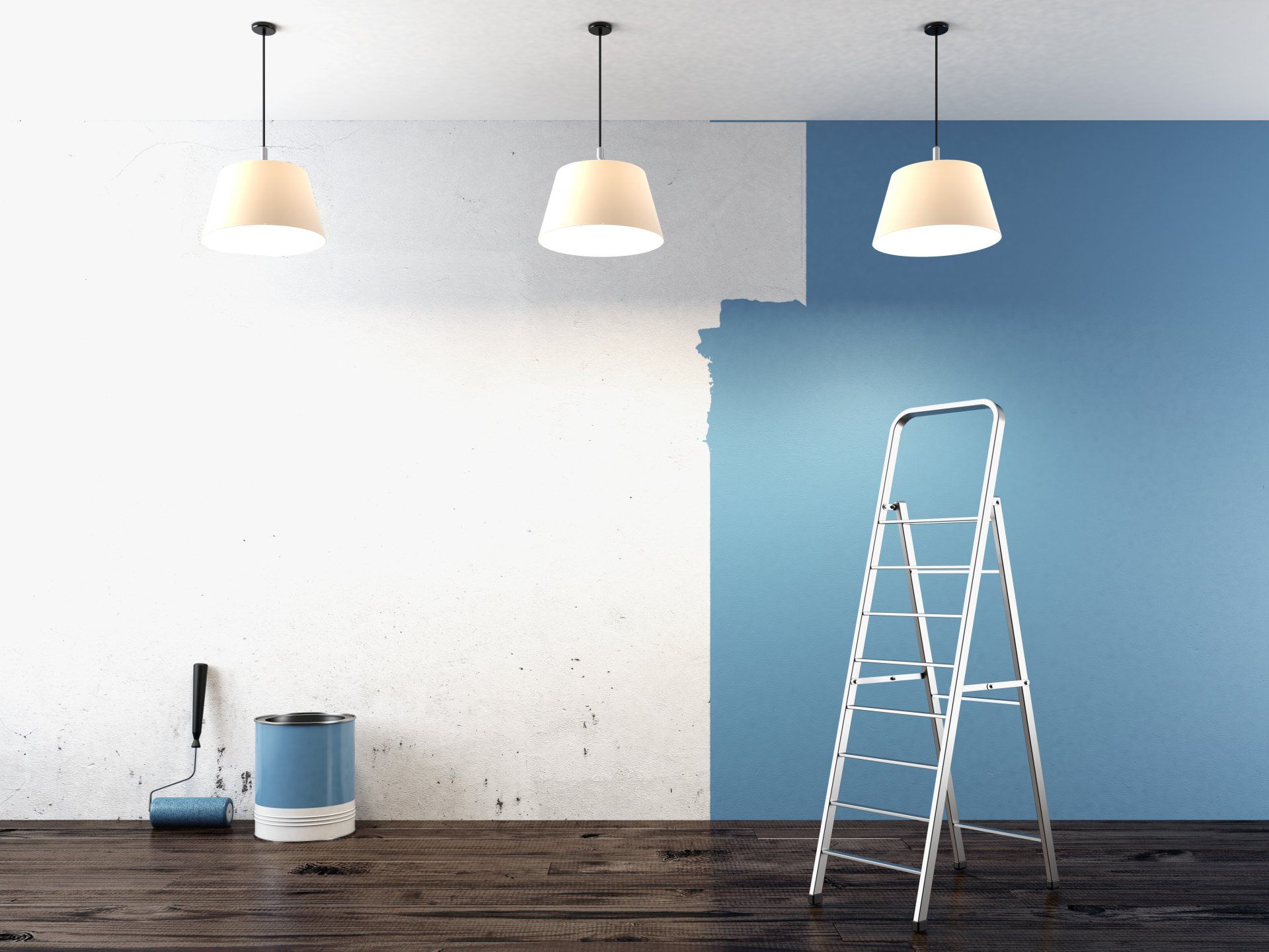 A room is being painted blue and white with a ladder in the foreground.