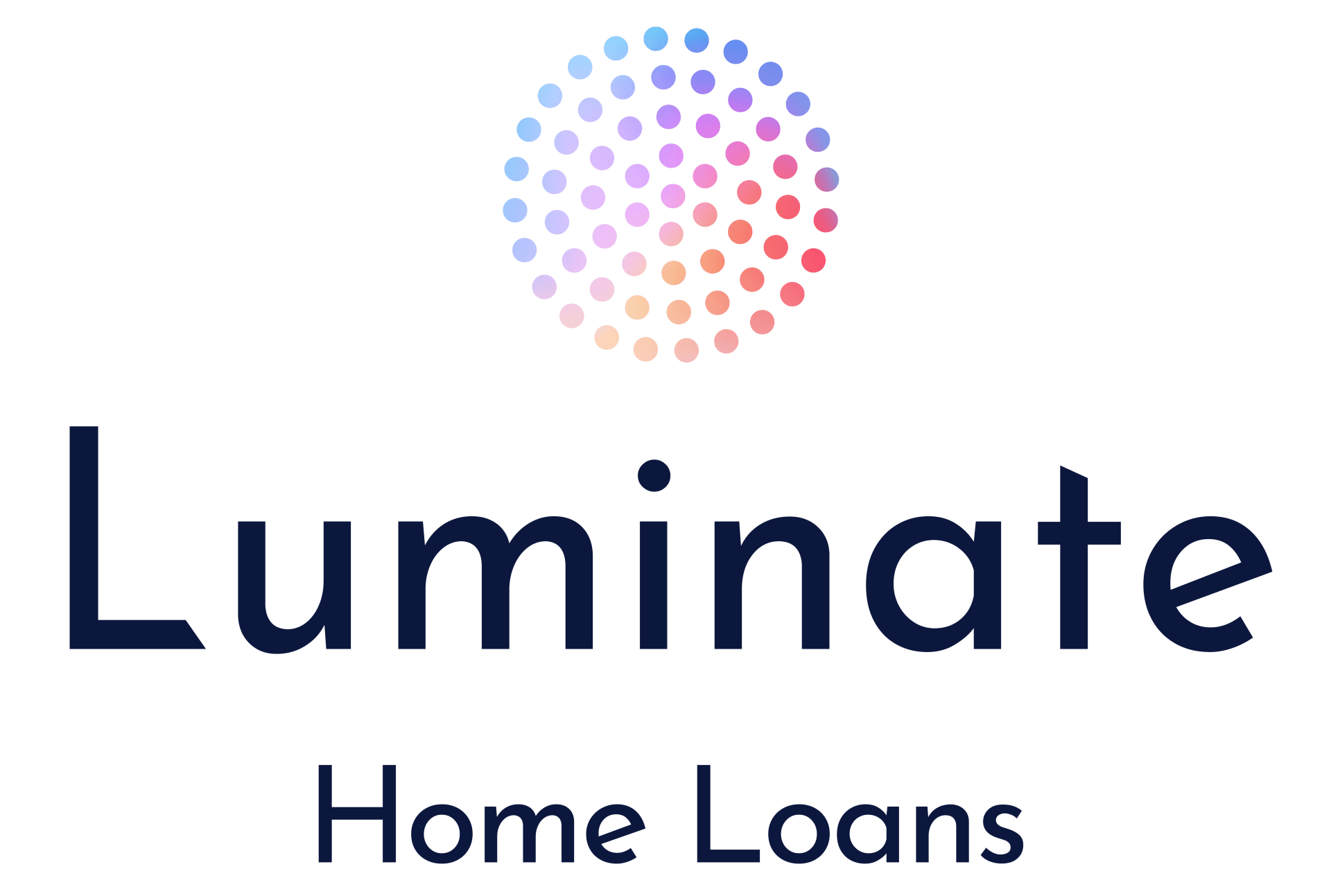A logo for luminate home loans with a circle of dots on a white background.