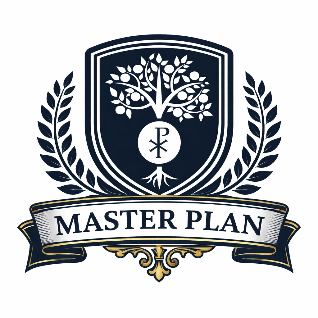 Logo with a shield containing a tree, Chi-Rho symbol, and the words 