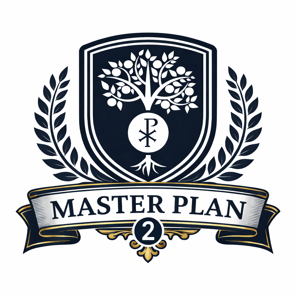 Logo with a shield containing a tree, Chi-Rho symbol, and the words 