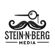 A logo for stein-n-berg media with a mustache and magnifying glass.