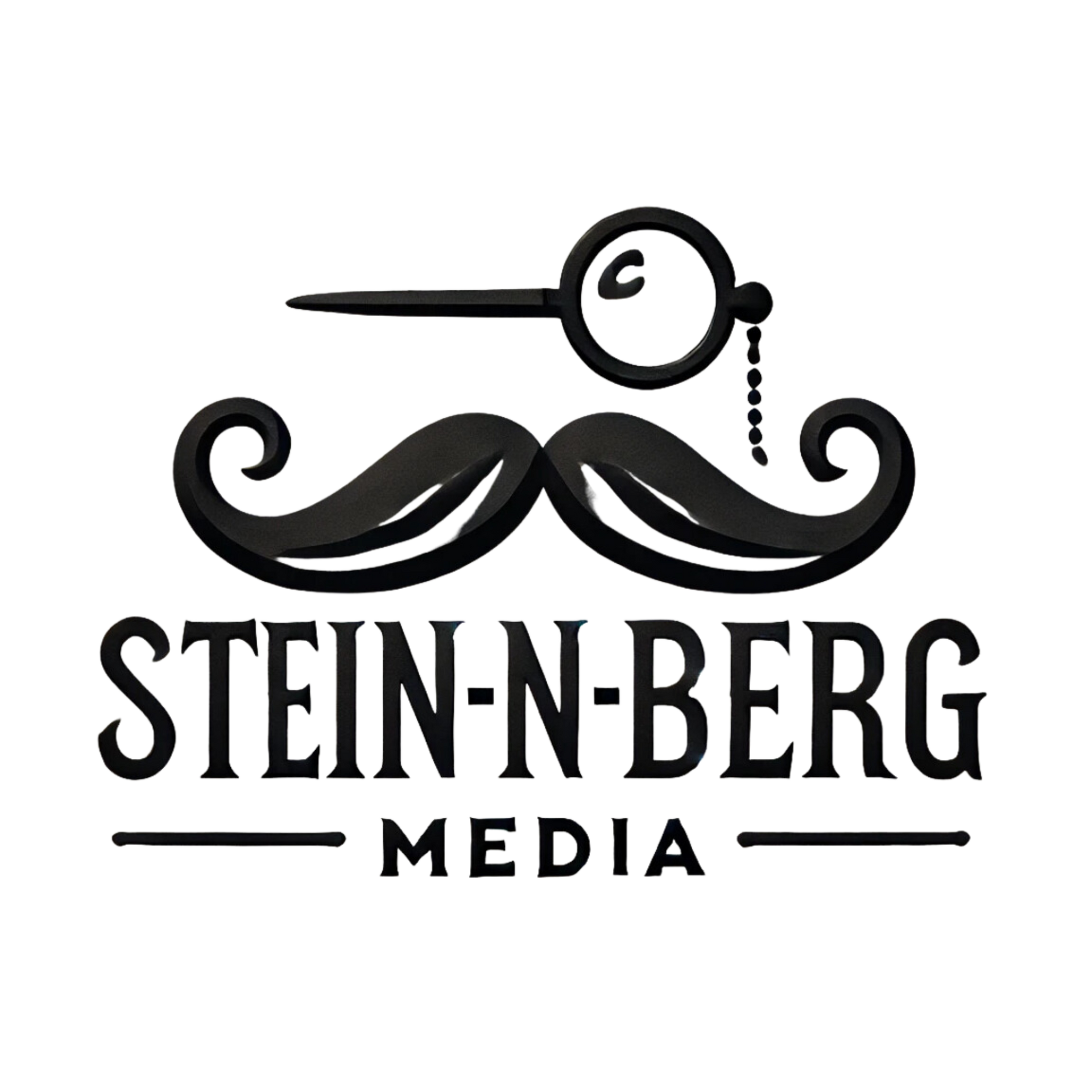 A logo for stein-n-berg media with a mustache and magnifying glass.