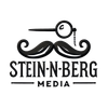 A logo for stein-n-berg media with a mustache and magnifying glass.