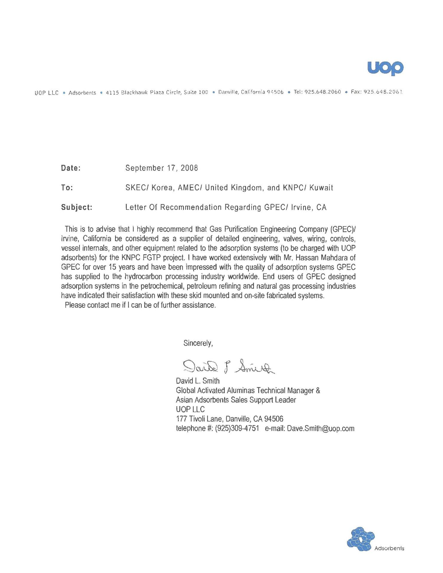 Letter of Recommendation Regarding GPEC / Irvine, CA