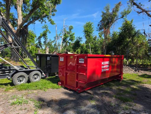 A large black dumpster is sitting in the middle of a field in McAlpin, Florida