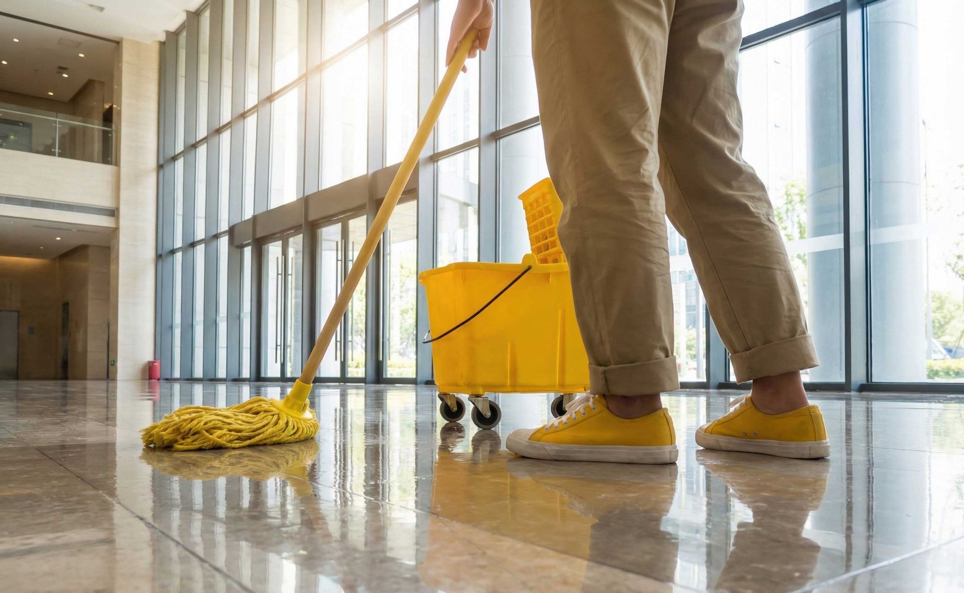 The janitor cleans office entryway floors, creating a spotless and inviting space.