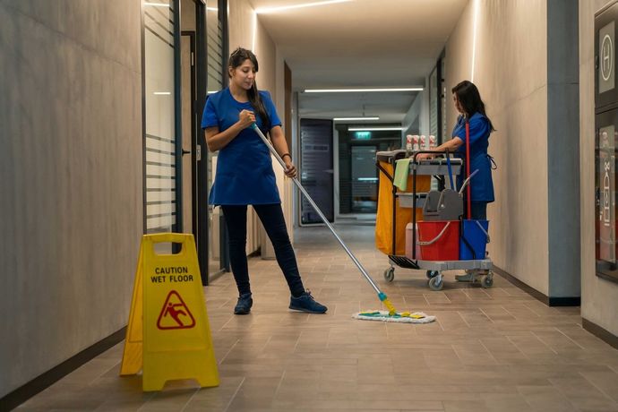 Janitorial staff carefully mopping floor beside caution sign for safety. Janitorial staff carefully mopping floor beside caution sign for safety.