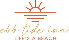 A logo for a beach resort with a sunset and the words `` life 's a beach ''.