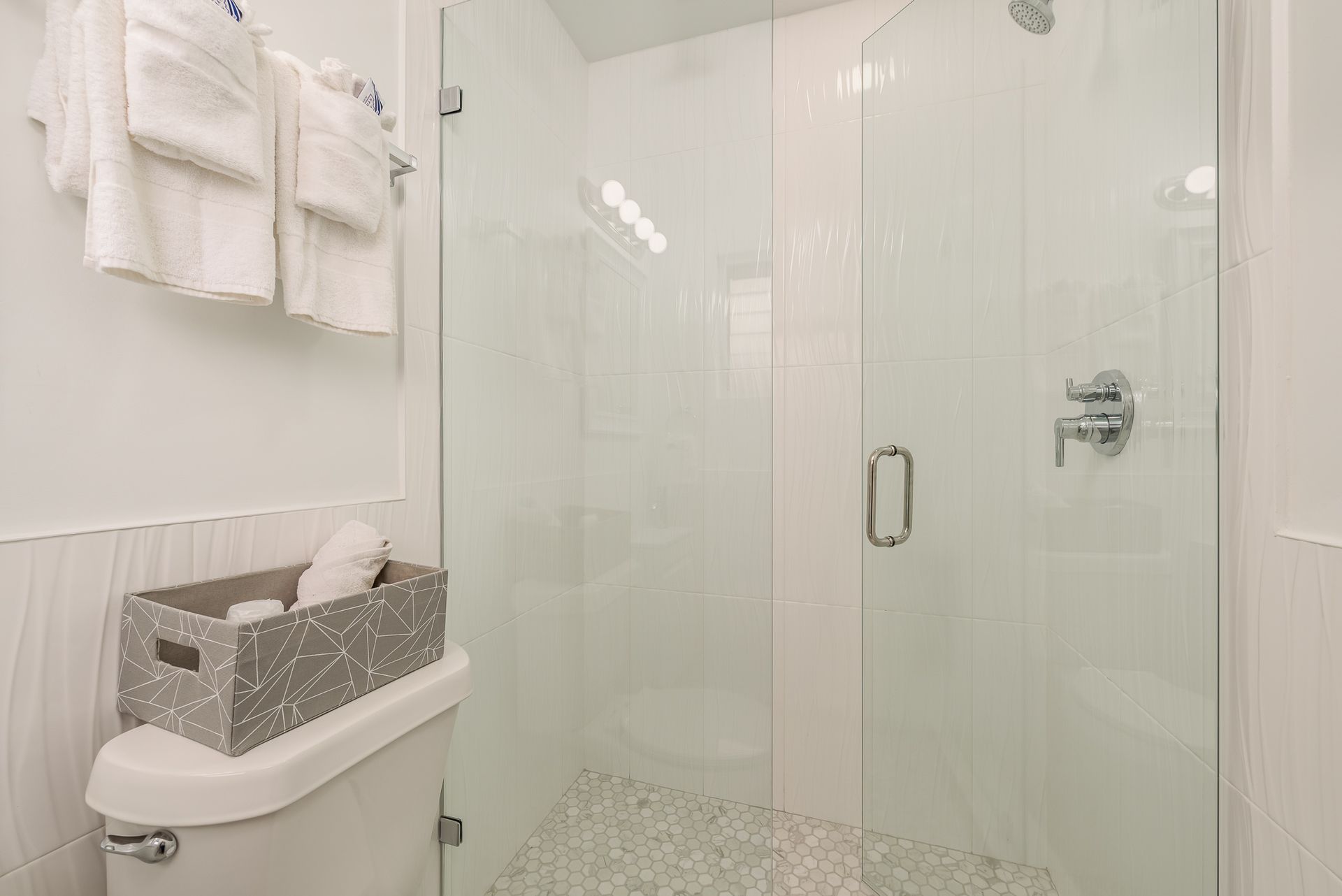 A bathroom with a toilet and a walk in shower with a glass door.