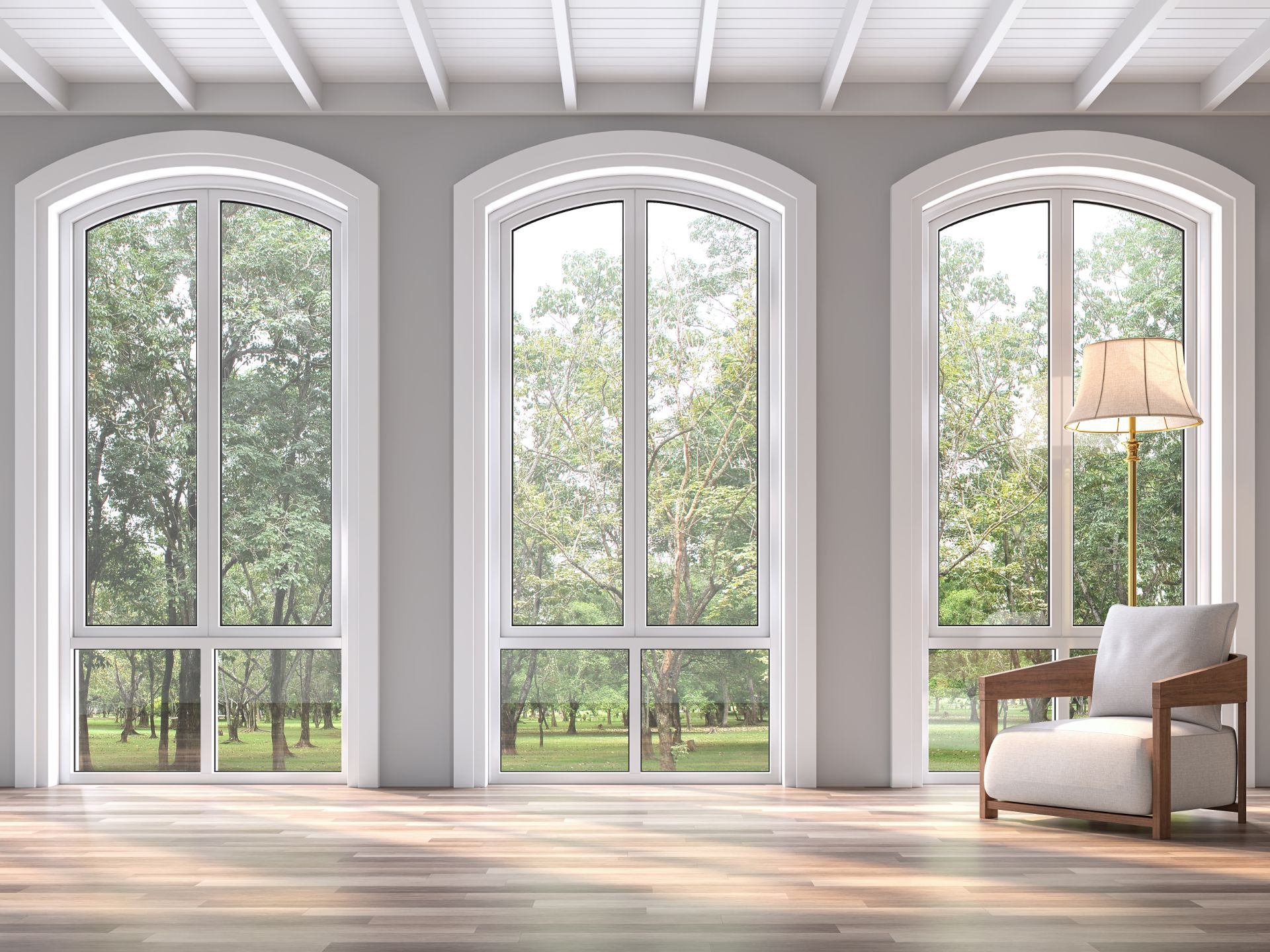 Three arch windows in a living room