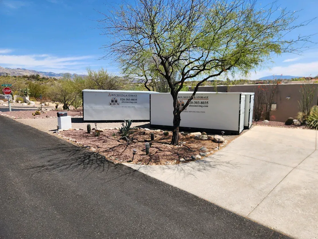 White utility containers beside a tree and driveway in a desert lot under a clear blue sky
