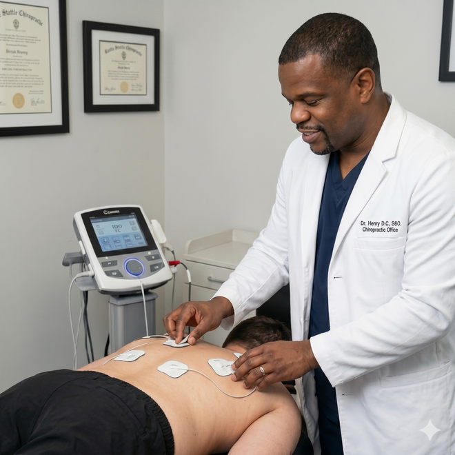 Doctor placing electrode pads on a patient’s back during treatment in a clinic room