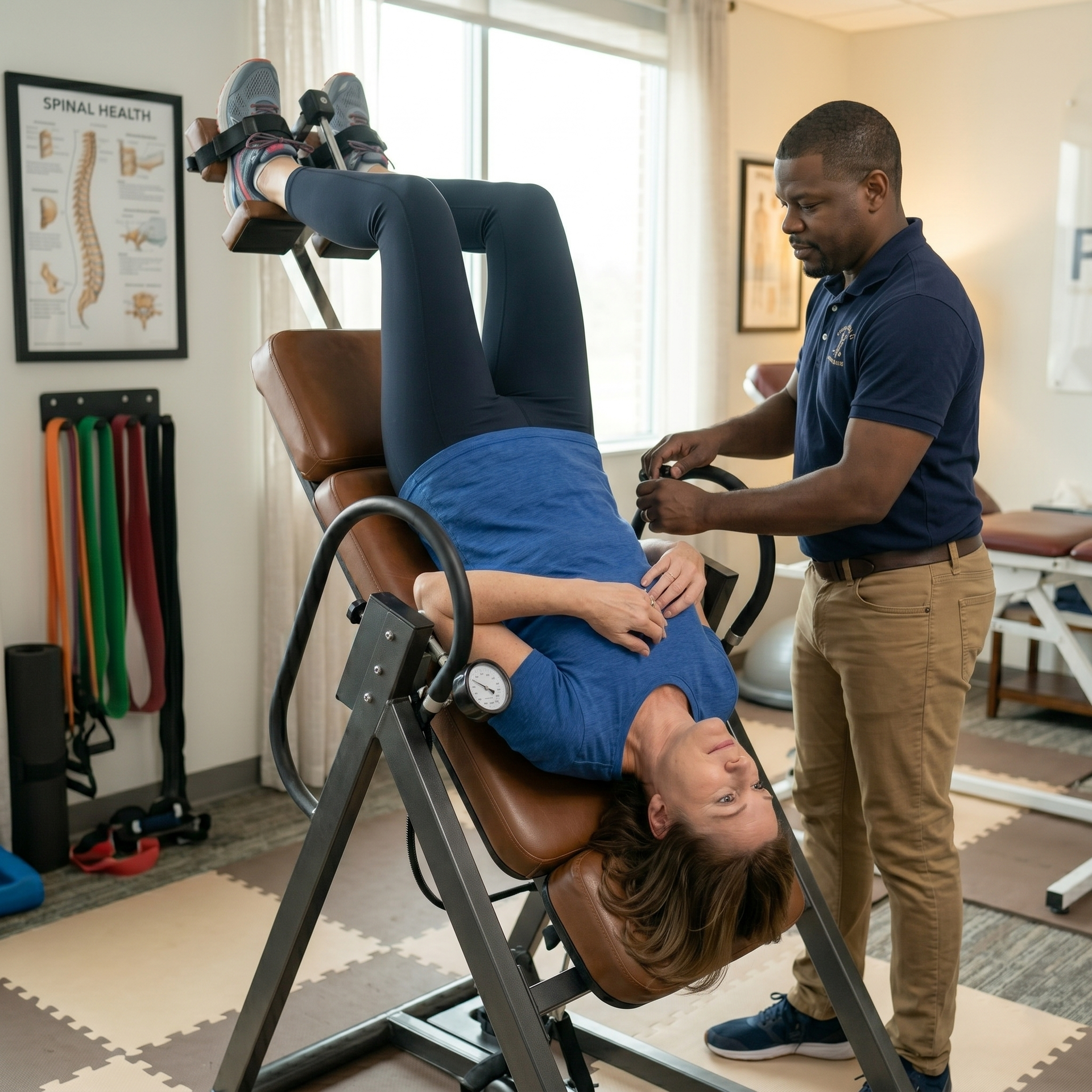 Chiropractor adjusting a patient on a treatment table in a bright clinic, legs raised upside down.