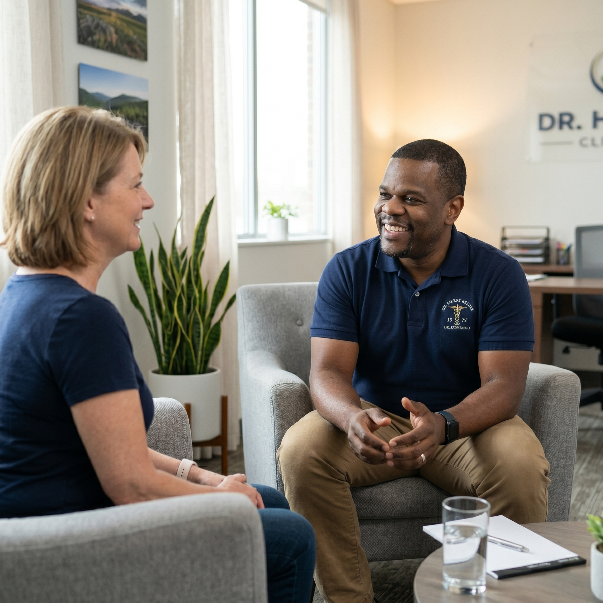 Two people talking in a bright clinic waiting room, seated in armchairs and smiling.