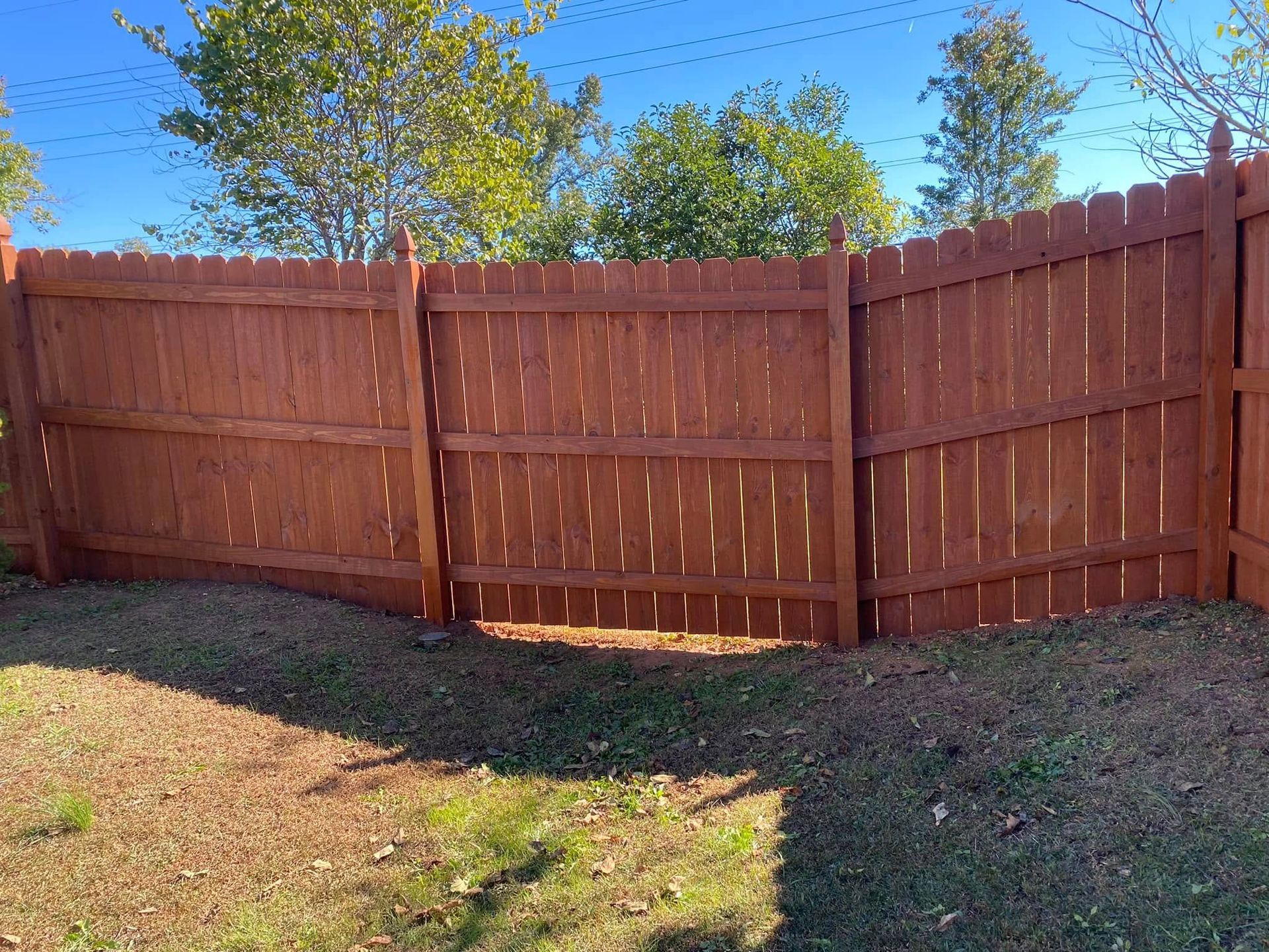 A wooden fence in a backyard with trees in the background.