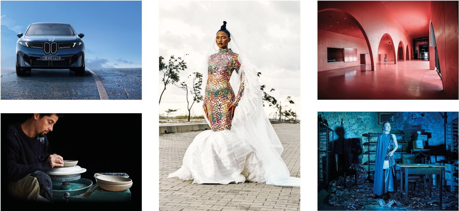 Collage mit sechs Motiven: Schmuck, Yoga, Porträt, Technik, Reise, Gruppe.