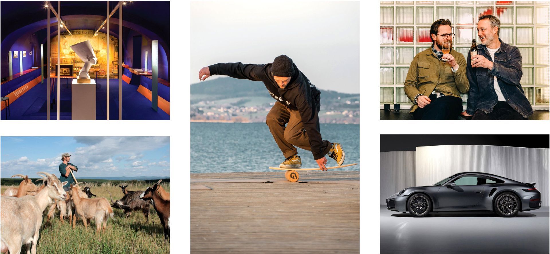 Collage mit sechs Motiven: Schmuck, Yoga, Porträt, Technik, Reise, Gruppe.