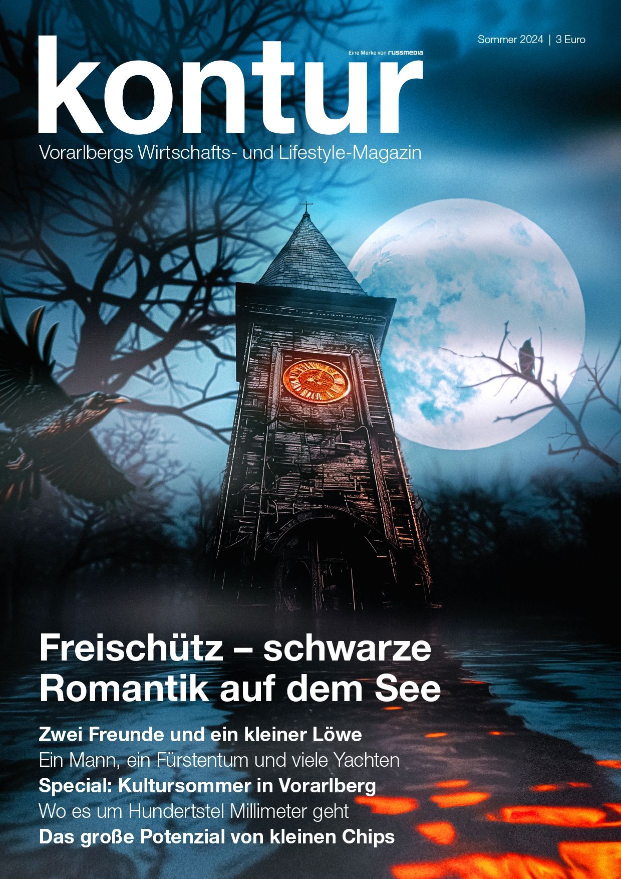 Turm im Wasser bei Vollmond – kontur Sommer 2024, Thema Freischütz.