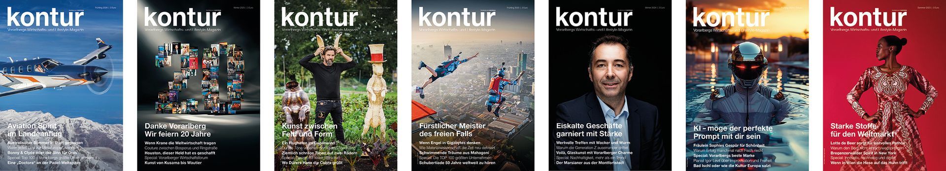 Übersichtsgrafik mit sieben Titelseiten des kontur Magazins.