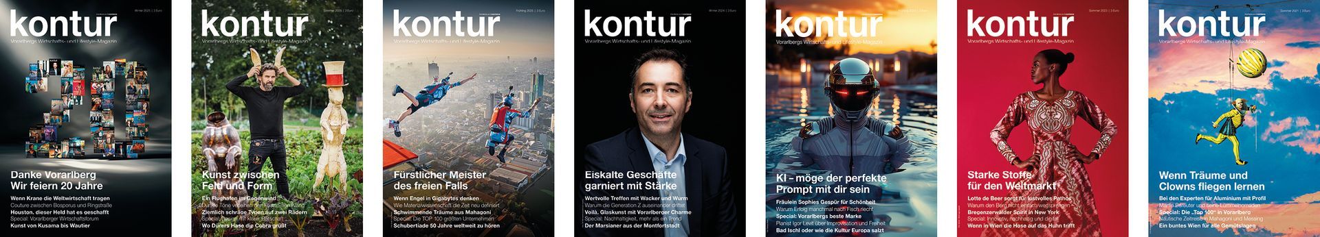 Übersichtsgrafik mit sieben Titelseiten des kontur Magazins.