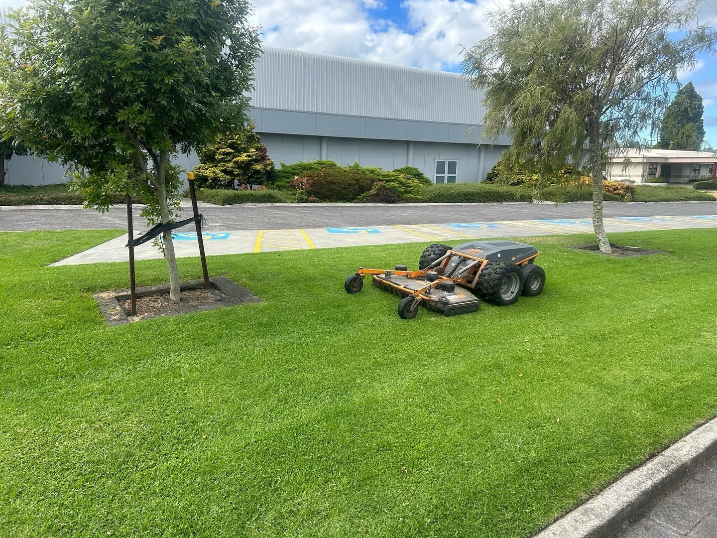 A robotic lawn mower on green grass near trees and a light-colored building.