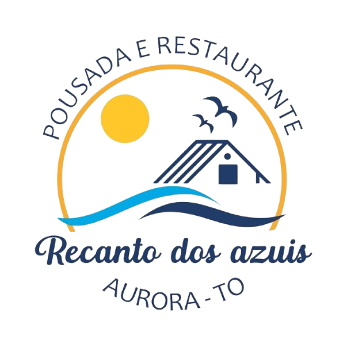 Logo para Pousada e Restaurante Recanto dos Azuis em Aurora, TO, apresentando uma cabana, sol, pássaros e ondas de água em um círculo.