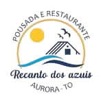 Logo para Pousada e Restaurante Recanto dos Azuis em Aurora, TO, apresentando uma cabana, sol, pássaros e ondas de água em um círculo.