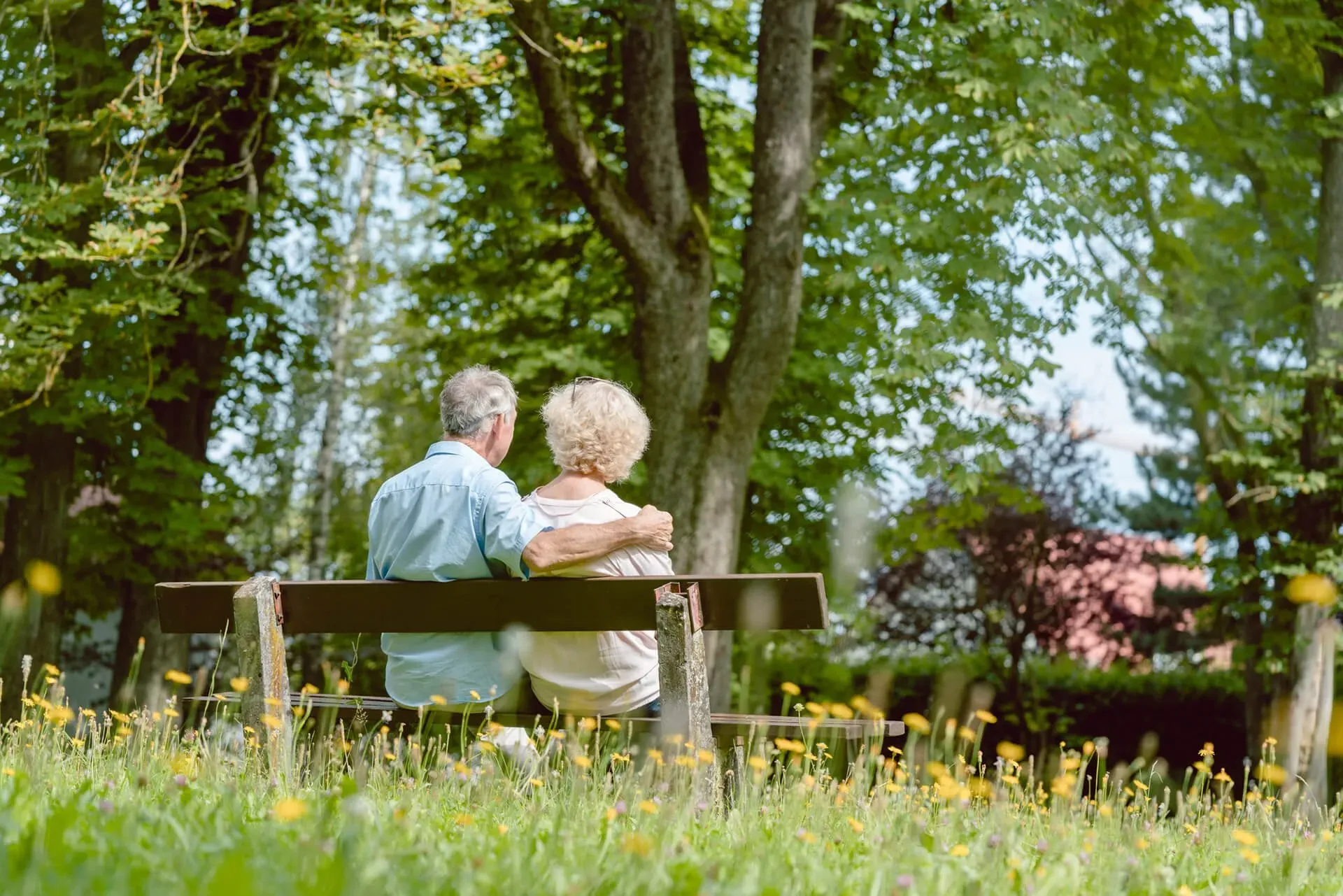Elderly couple sitting in a peaceful park, representing comfort and care during end of life planning